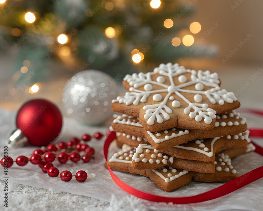 Festive christmas snowflake gingerbread cookies stacked with ornaments and bokeh lights Festive christmas snowflake gingerbread cookies stacked with ornaments and bokeh lights
