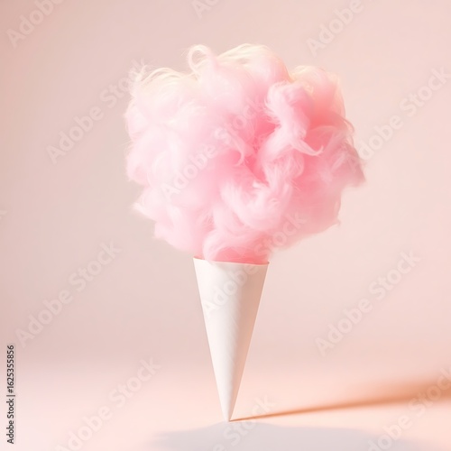 A close up of pink cotton candy in a white cone against a light pink background in a studio shot