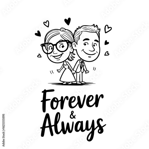 Forever and Always: A whimsical monochrome cartoon, depicting a couple hand in hand, framed by hearts and a promise of everlasting love and companionship. 