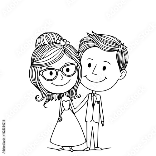 Joyful Nuptials Illustration: A charming illustrated image of a newlywed couple, hand-in-hand, embracing the beginning of their married life, with smiles that tell their happy love story.
