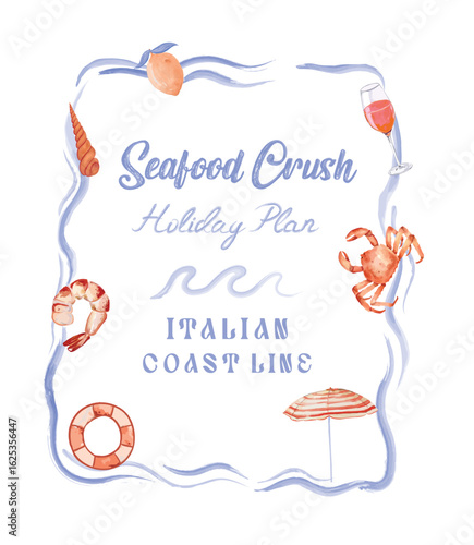 Italian seafood tour vector art, Italian summer beach vacation watercolor vector, Retro vintage seafood artwork for t shirt, poster, graphic print