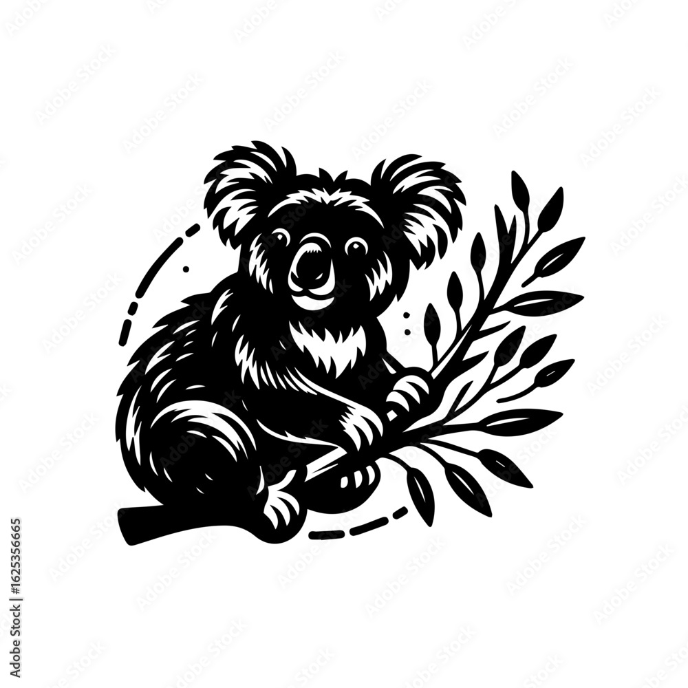 Fototapeta premium Stylized Black and White Koala on Eucalyptus Branch.