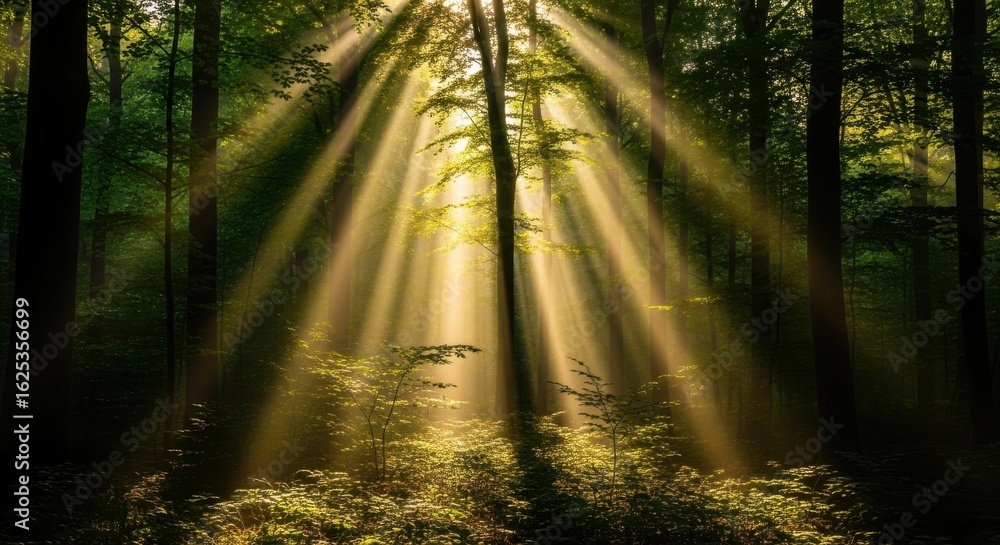 Fototapeta premium Sunlight streams through the dense forest canopy illuminating the green foliage