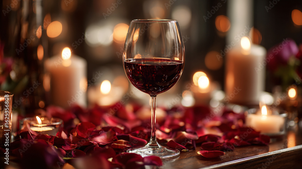 Romantic evening with a glass of red wine surrounded by rose petals and flickering candlelight Romantic evening with a glass of red wine surrounded by rose petals and flickering candlelight