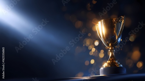 Golden Trophy shines under spotlight. Symbolizes success, awards, achievement. Great for marketing, websites, editorial.