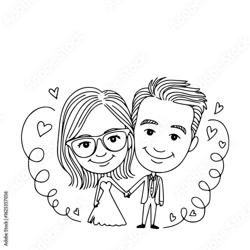 Enchanting Union Illustration: An illustrated couple radiates affection and togetherness, symbolizing love and commitment, within a minimalistic design.