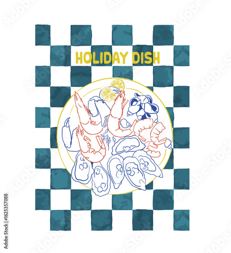 Seafood platter vector art,  Summer seafood tour vector t shirt design, Retro vintage holidays design, Shrimp and oyster vector illustration 