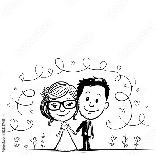 Eternal Love: A heartwarming line art of a newlywed couple, united by a shared love story, symbolizes the beginning of a new chapter and life's journey.