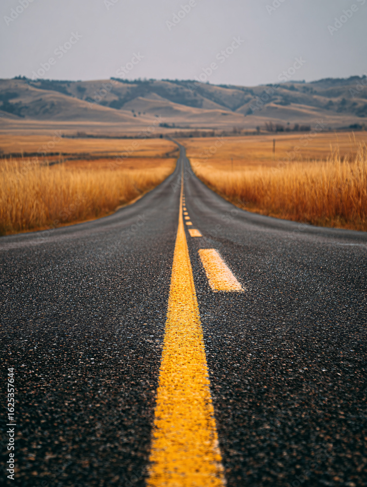 Fototapeta premium Long empty asphalt road stretching into the distance with rolling hills and dry grass fields under a cloudy sky
