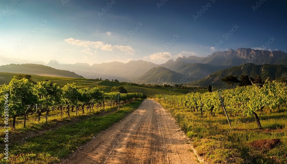 Fototapeta premium scenic vineyard landscape with a dirt road and mountains in the background