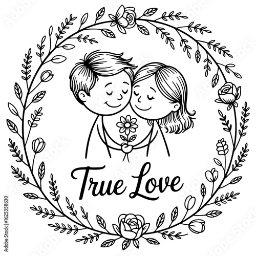 Forever in Love: An intimate illustration of a loving couple embracing, framed by a delicate wreath of blossoms, embodying the timeless sentiment of True Love.