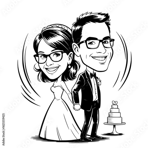 Wedding Caricature: A charming black and white illustration showcases a joyful couple, radiantly happy on their wedding day, alongside a cake.
