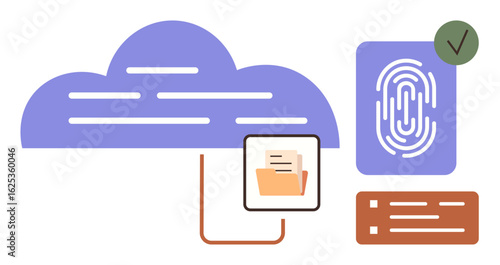 Cloud connected to files and fingerprint authentication. Ideal for data sharing, security, accessibility, organization, innovation, technology, convenience. Simple flat metaphor