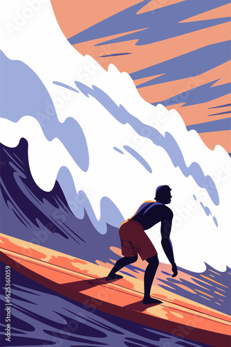 Surfer na fali podczas zachodu słońca, dynamiczna scena sportów wodnych i letniej przygody