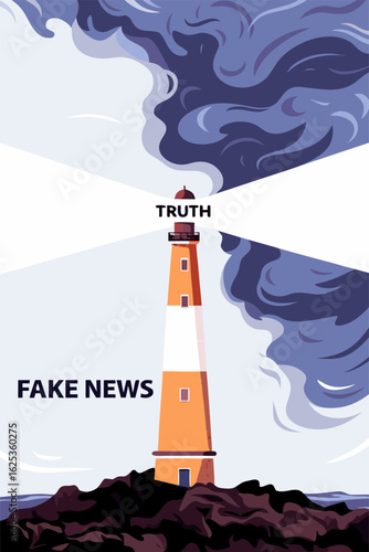 Latarnia morska jako symbol prawdy rozpraszającej fake newsy, walka z dezinformacją i manipulacją w mediach