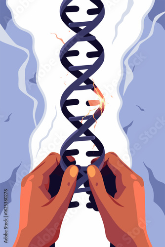 Ręce trzymające uszkodzoną nić DNA, symbol genetyki, mutacji i badań naukowych nad dziedziczeniem