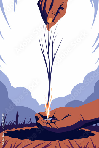 Ręka siejąca nasiona do ziemi, symbol nowego początku i wzrostu, ilustracja o tematyce ekologicznej