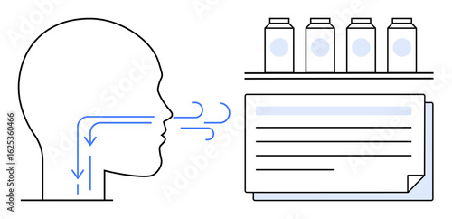 Human head with airflow diagram, medication bottles, documents visually explaining breathing and treatment. Ideal for health education, medical training, wellness, respiratory health, healthcare