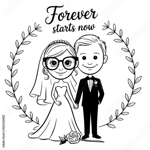 Forever Starts Now: A cute illustrated wedding scene capturing the beginning of a lifelong commitment. Capturing the start of a couples eternal love and devotion.