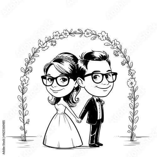Wedding Day: A loving pair embraces the beginning of forever under an elegant flower arch, embodying the purest form of love, commitment, and unity. 