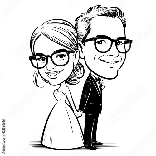 Wedding Couple Illustration: A charming, digitally illustrated depiction of a newly wedded couple, their faces alight with joy as they stand side-by-side, ready to begin their new life together. 