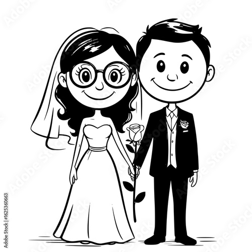Wedding Couple Illustration: A charming illustration depicts a bride and groom holding hands, symbolizing love and unity, perfect for invitations or romantic projects. 