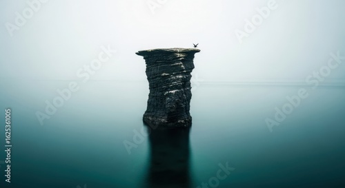 Minimalist seascape with a solitary weathered rock formation