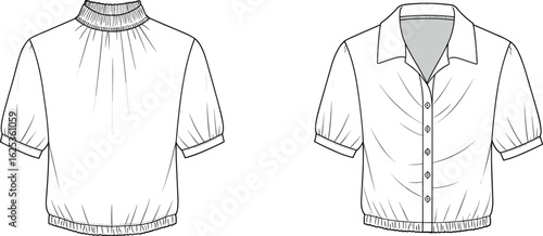 Short sleeve elastic hem blouse flat sketch, front button closure with collar and back high neck fashion CAD drawing