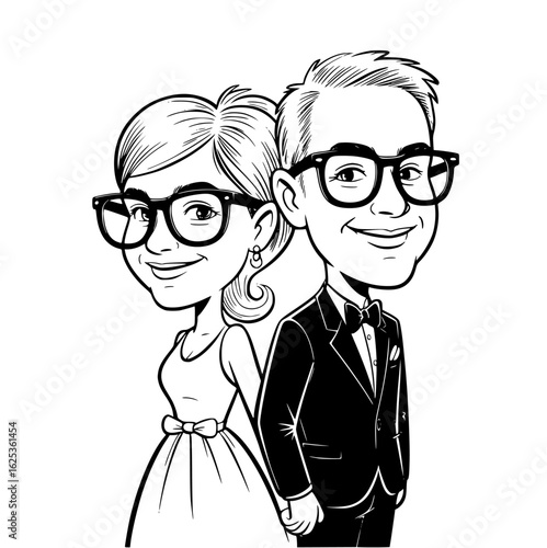 Couple in Caricature: A charming cartoon couple stands together, their smiling faces framed by stylish glasses, evoking a sense of whimsy and affection.