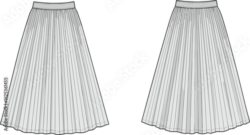Pleated midi skirts, fashion flat sketch, front view, technical drawing for garment design, CAD vector template for designers