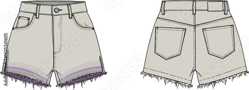 Women’s distressed denim shorts flat sketch – frayed hem, gradient wash, high waist, pockets, technical fashion vector illustration