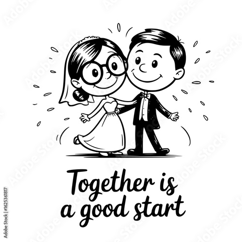 Eternal Love: A black and white cartoon depiction of a cheerful newlywed couple, radiant in their marital embrace, a timeless symbol of unity and love's beautiful start.