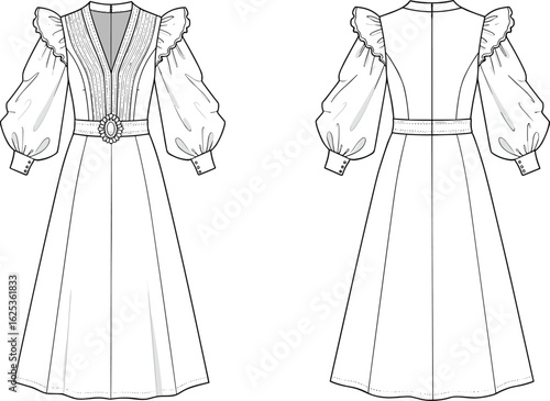Elegant long sleeve formal dress fashion flat – puff sleeves, ruffle shoulders, belt detail, V-neck bodice – vector sketch