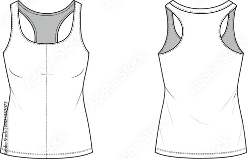 Women's athletic tank top technical flat, racerback cut, body-hugging fit, gym wear, vector drawing, fashion CAD illustration