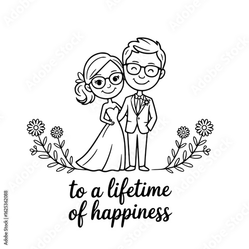 Wedding Bliss: A charming line-art illustration captures a loving couple on their special day, surrounded by delicate floral elements and a heartfelt wish for a lifetime of happiness.