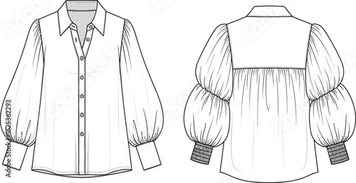 Women’s shirt blouse with exaggerated puff sleeves – button-up front, collar, gathered back yoke – vector fashion flat sketch