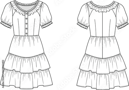 Girls puff sleeve ruffle tiered dress flat sketch – button front design with gathered tiers and frilled neckline vector CAD