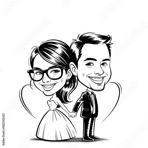Wedding Caricature: A cheerful couple, drawn in a caricature style, share a moment of love, holding hands. With a subtle hint of playful humor and affection.