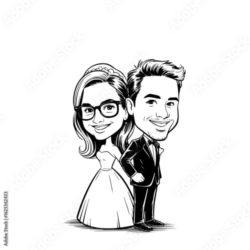 Smiling Couple Caricature: An adorable caricature of a happy couple, perfect for illustrating love, commitment, and the joy of togetherness.
