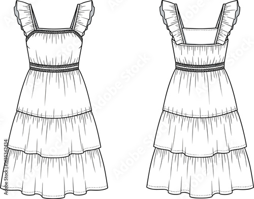 Tiered ruffle strap summer dress flat sketch, girls fashion CAD drawing vector for sleeveless smocked bodice and flared silhouette