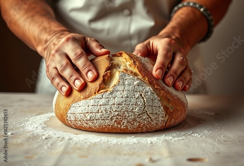 A baker's hands scoring a loaf of sourdough bread