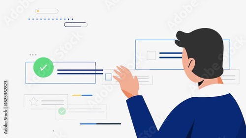 Animated Man Interacting with Digital Task Management Interface