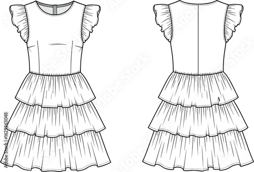 Girls tiered ruffle sleeve dress with layered skirt, back zip closure, sleeveless flat sketch, vector fashion cad illustration