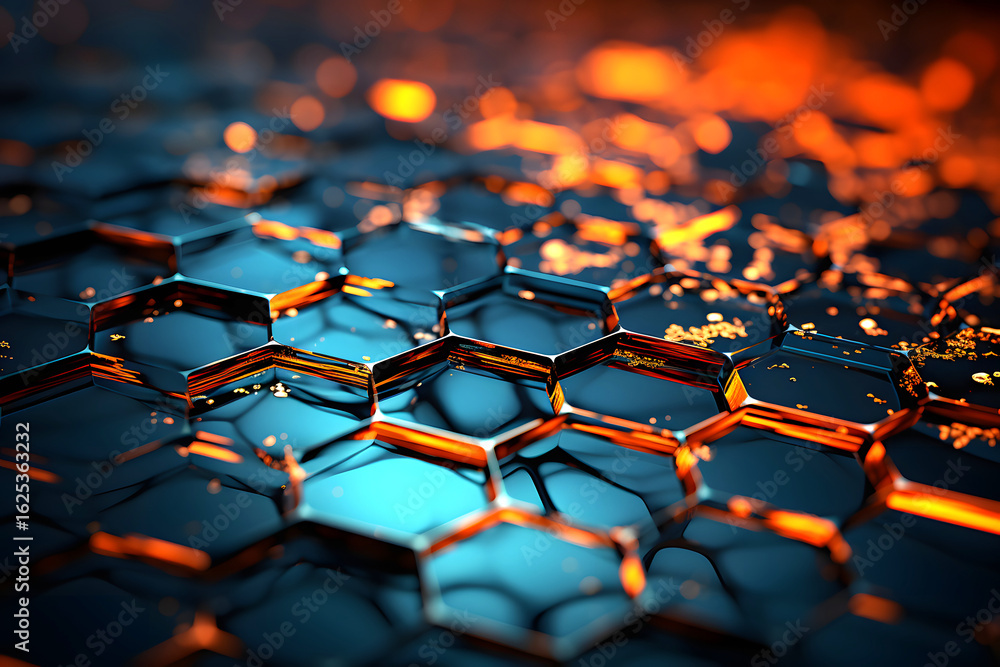 Fototapeta premium Geometric patterns with glowing colors in a digital abstract design featuring hexagonal shapes