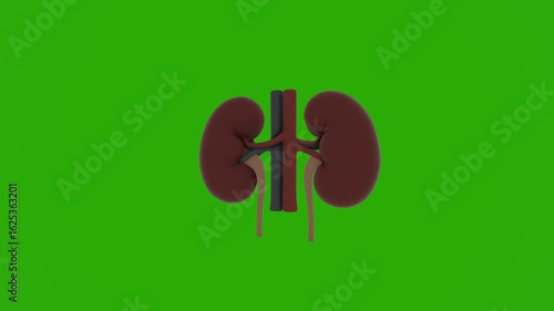 3D realistic human kidneys model with intricate anatomical structure, vivid organ texture, dynamically rotating in a full 360-degree spin on vibrant chroma key green screen, detailed renal anatomy 