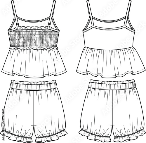 Girls summer top and shorts set CAD flat sketch with ruffle hem, shirred bodice, spaghetti straps and elastic waistband