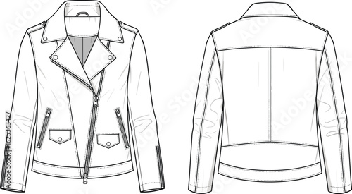 Women’s biker leather jacket flat sketch, front back view fashion CAD template, motorcycle outerwear technical vector garment illustration