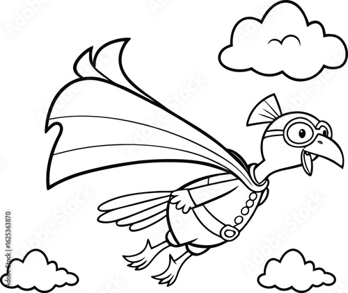 Superhero turkey flying with cape coloring page vector illustration