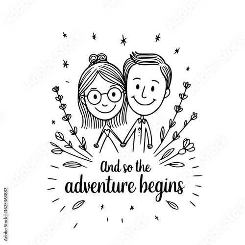 Love's Initial Chapter: An illustrated couple stands hand in hand, symbolizing a new beginning filled with promise and love. Featuring intricate line work that evokes a feeling of hope. 