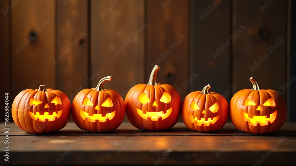 Obraz premium vignette six intricately carved pumpkins exaggerated childlike facial expressions warm golden light rustic wooden
